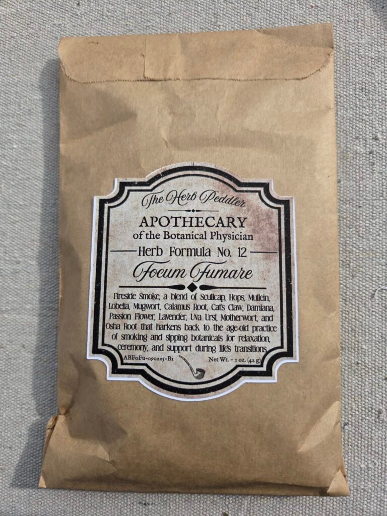 No 12 Focum Fumare Fireside Smoke ceremonial smoking blend or tea with mullein, lobelia, and damiana in a paper package - The Herb Peddler