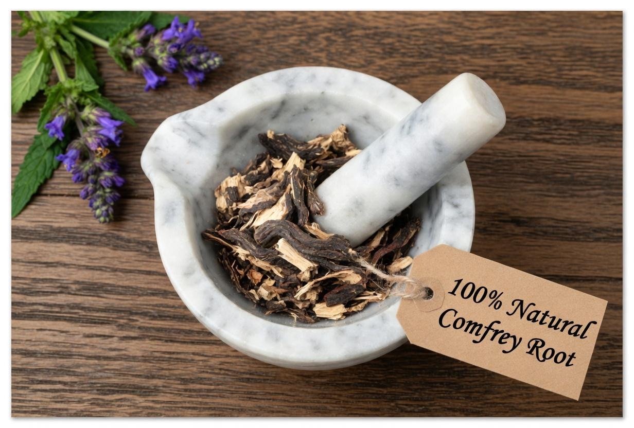 Comfrey root powder, organic, in a mortar and pestle with Symphytum officinale plant background - The Herb Peddler