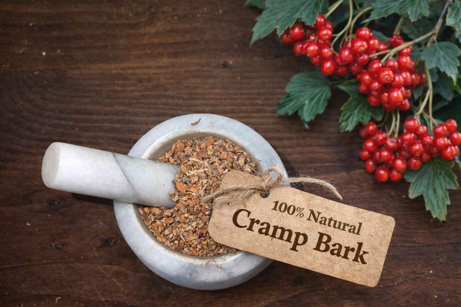 Cramp bark dried in a mortar and pestle with Viburnum opulus plant - The Herb Peddler