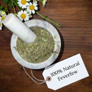 Feverfew herb cut and sifted, organic, in a mortar and pestle with Tanacetum parthenium plant - The Herb Peddler
