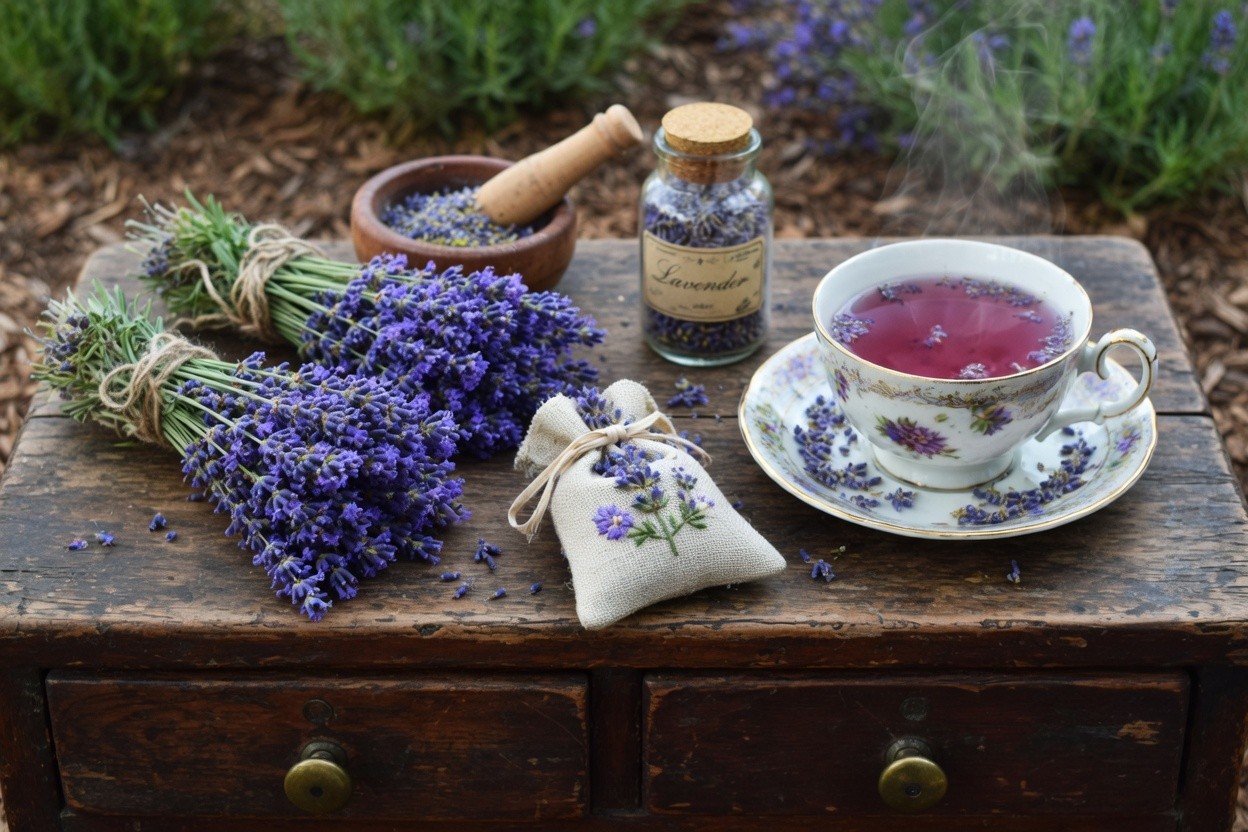 Lavender uses displayed on old apothecary table - The Herb Peddler