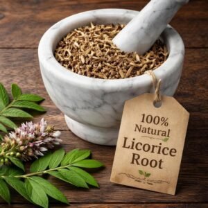 Licorice root in a mortar and pestle with Glycyrrhiza glabra plant background - The Herb Peddler