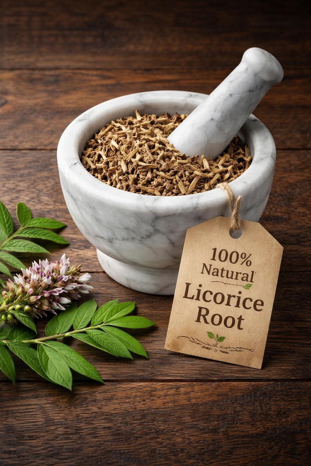 Licorice root in a mortar and pestle with Glycyrrhiza glabra plant background - The Herb Peddler