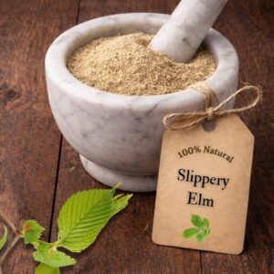 Slippery Elm bark in a mortar and pestle with Ulmus rubra tree background - The Herb Peddler
