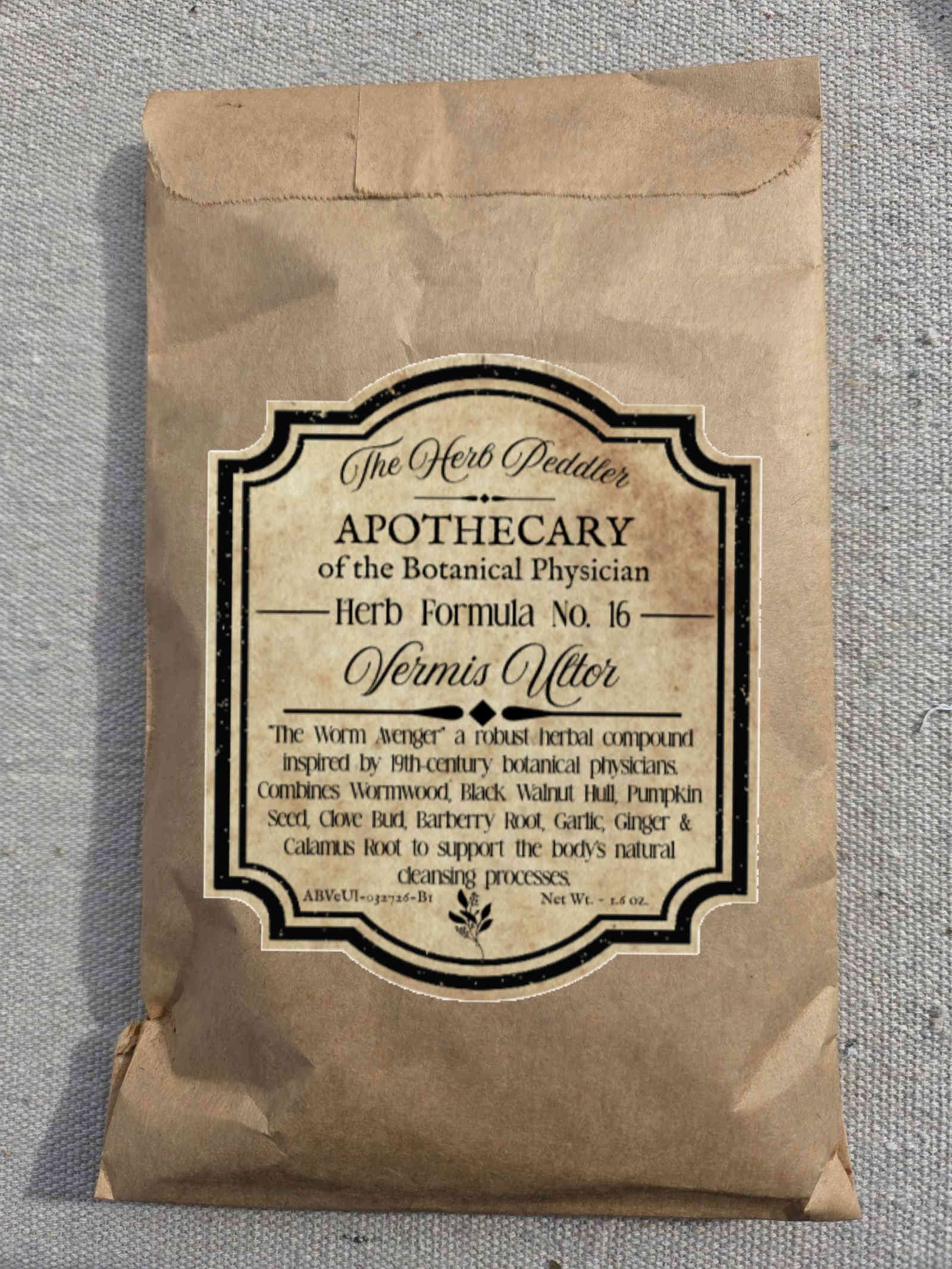 Vermis Ultor "The Worm Avenger" herbal parasite cleanse formula in kraft paper bag with wormwood, black walnut, and barberry root - The Herb Peddler