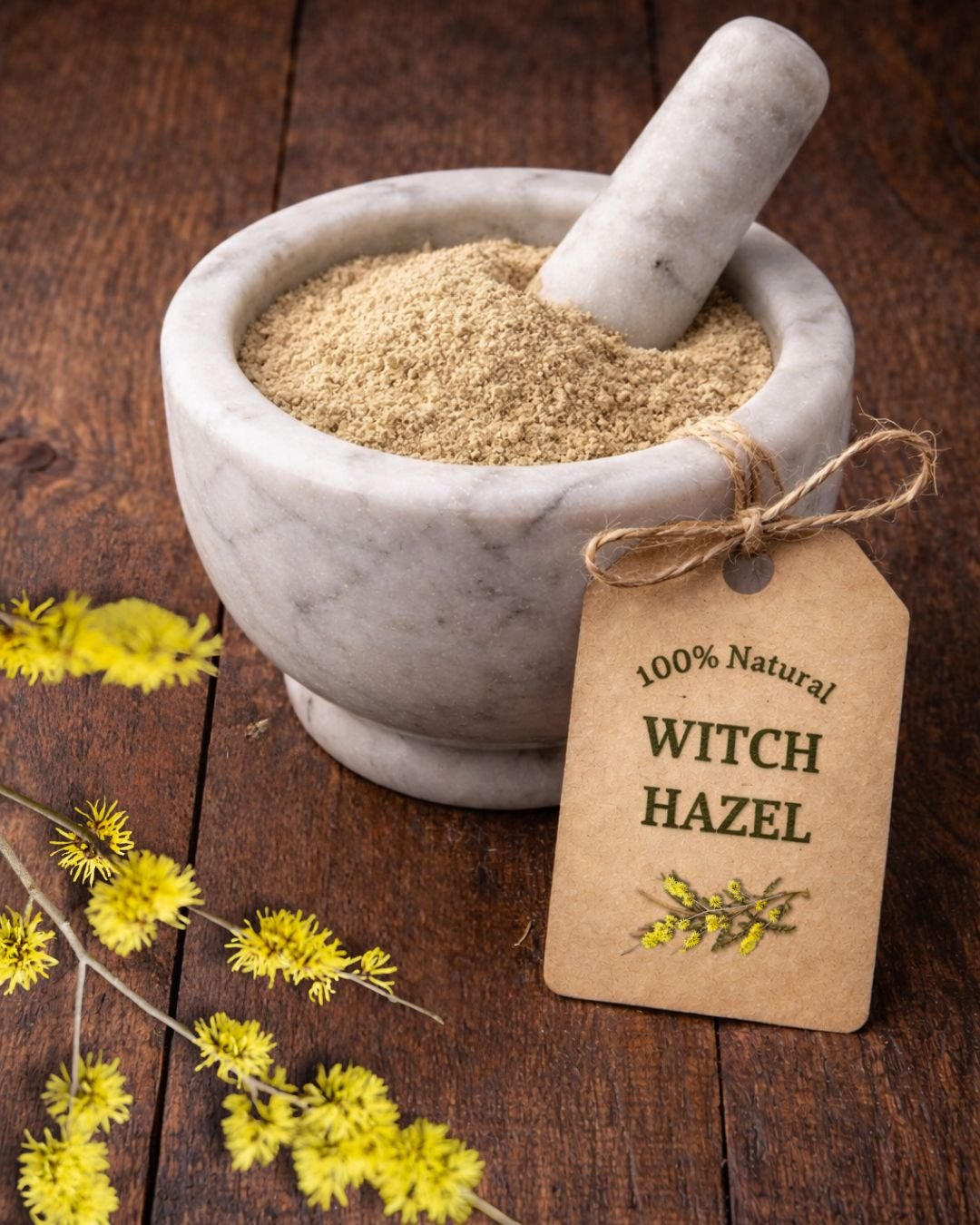 Witch Hazel dried herb in a mortar and pestle with Hamamelis virginiana plant background - The Herb Peddler