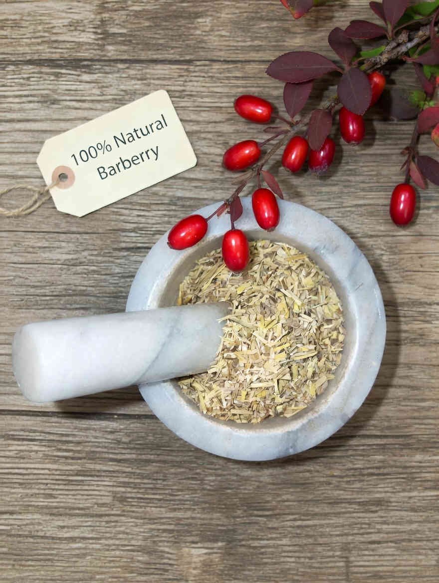 Barberry root in a mortar and pestle with Berberis vulgaris plant background - The Herb Peddler