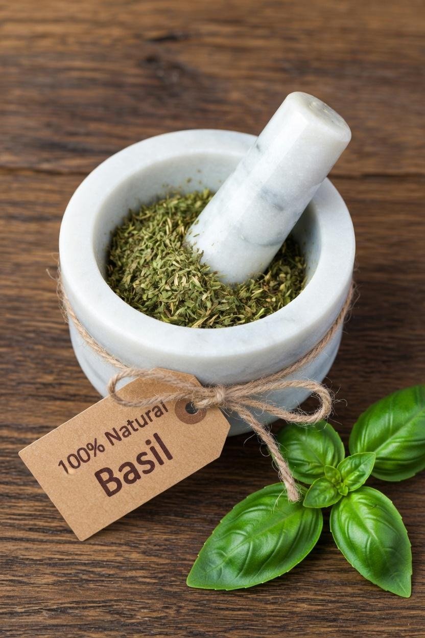 Basil dried herb in a mortar and pestle with Ocimum basilicum plant background - The Herb Peddler