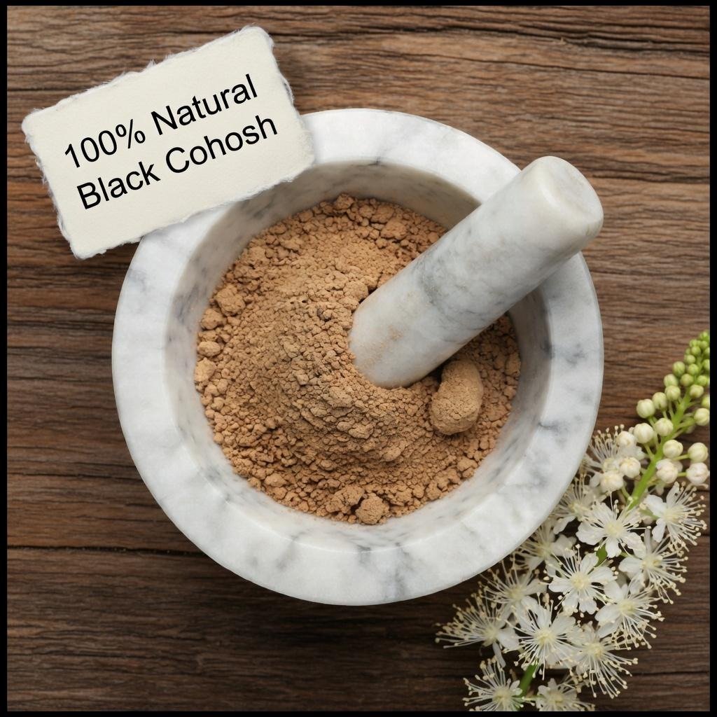 Black Cohosh root in a mortar and pestle with Actaea racemosa plant background - The Herb Peddler