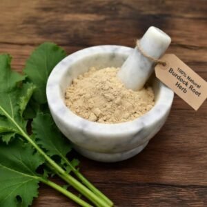Burdock root powder, organic, in a mortar and pestle with Arctium lappa plant background - The Herb Peddler