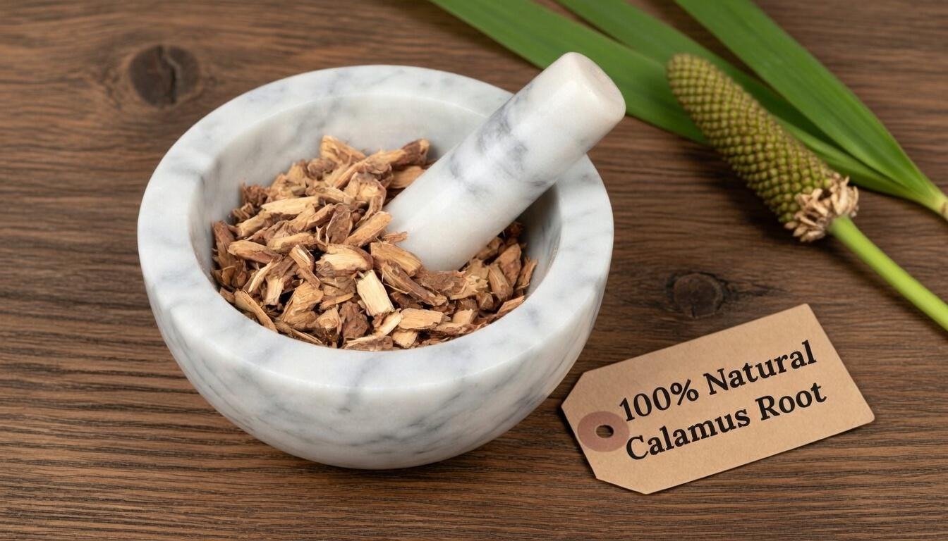 Calamus root in a mortar and pestle with Acorus calamus plant background - The Herb Peddler