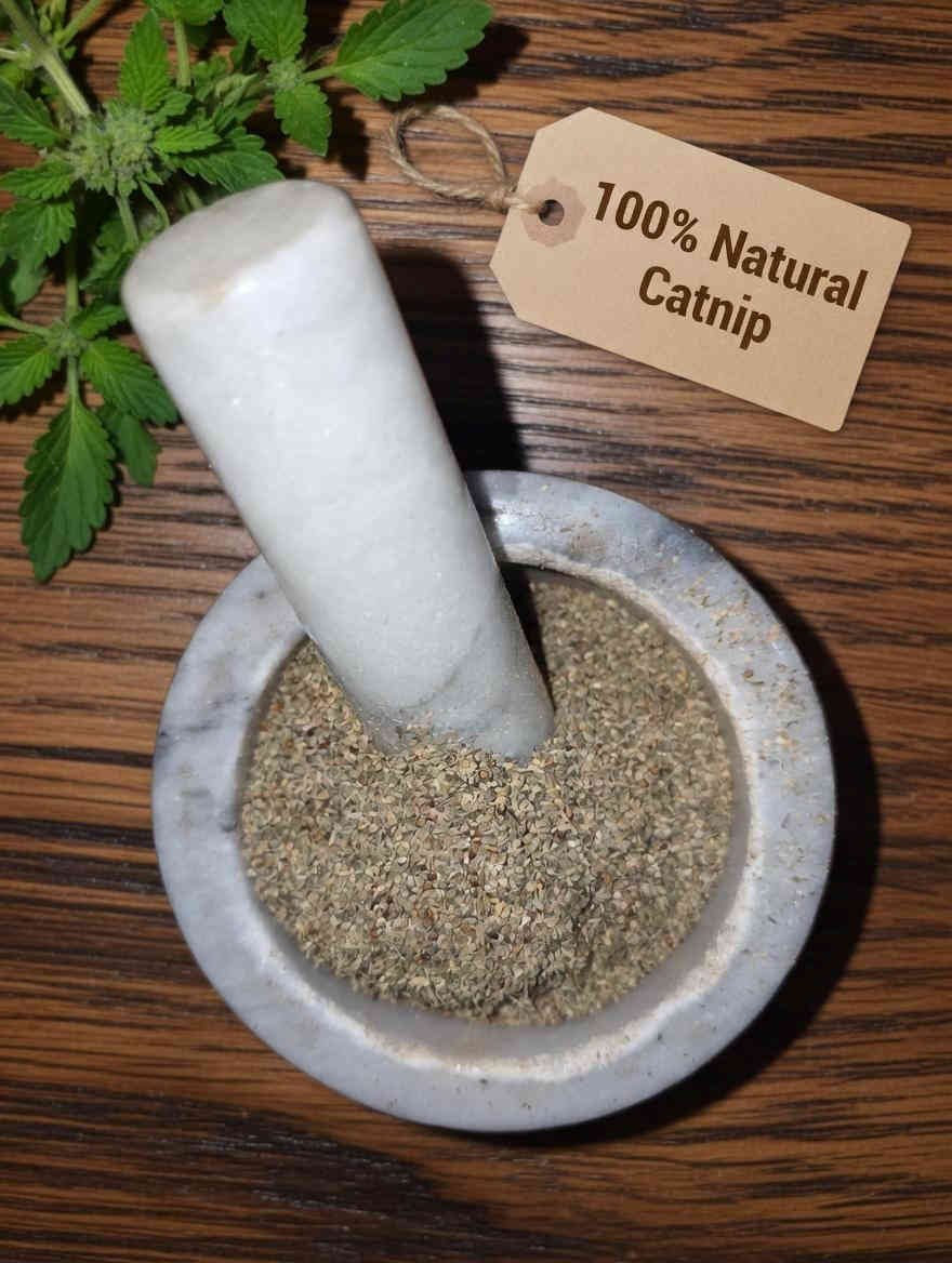 Catnip dried herb in a mortar and pestle with Nepeta cataria plant background - The Herb Peddler