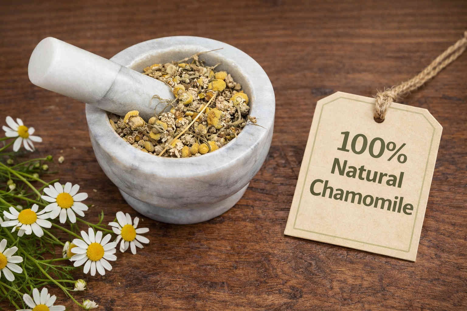 Chamomile dried flowers in a mortar and pestle with Matricaria chamomilla plant background - The Herb Peddler
