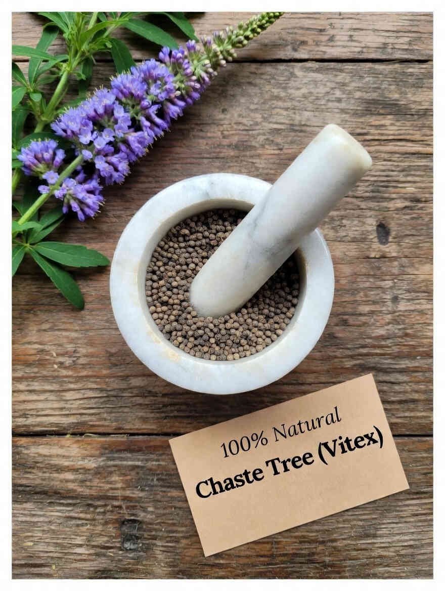 Chaste Tree (Vitex) berries in a mortar and pestle with Vitex agnus-castus plant background - The Herb Peddler