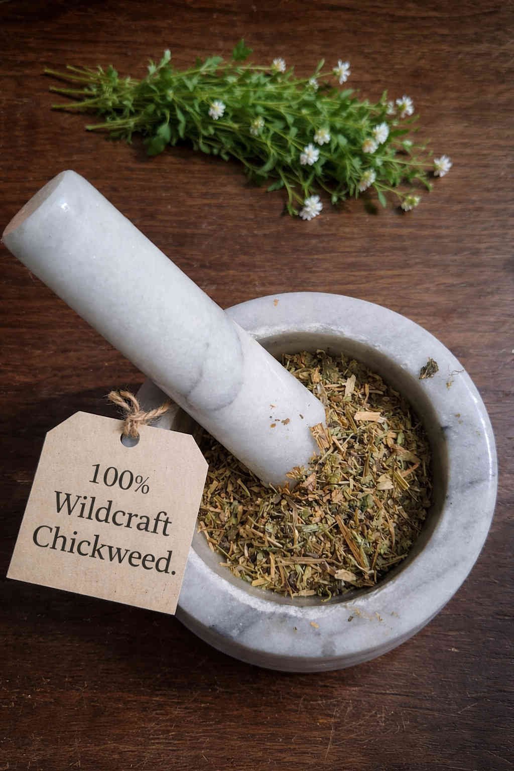 Chickweed dried herb in a mortar and pestle with Stellaria media plant background - The Herb Peddler