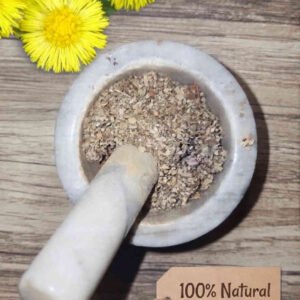 Coltsfoot leaf dried in a mortar and pestle with Tussilago farfara plant background - The Herb Peddler