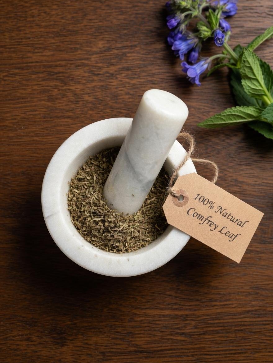 Comfrey leaf dried in a mortar and pestle with Symphytum officinale plant background - The Herb Peddler