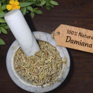 Damiana leaf dried in a mortar and pestle with Turnera diffusa plant - The Herb Peddler