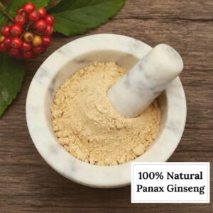 Ginseng Panax root in a mortar and pestle with Panax ginseng plant background - The Herb Peddler