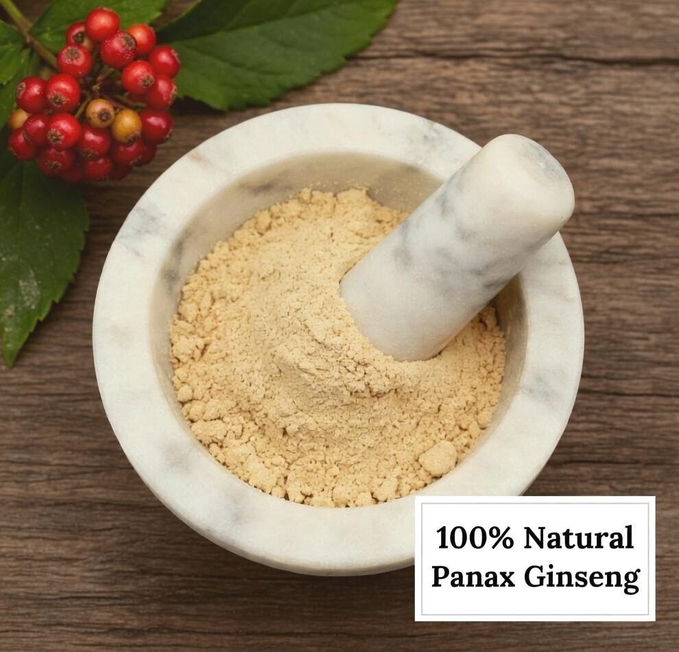 Ginseng Panax root in a mortar and pestle with Panax ginseng plant background - The Herb Peddler