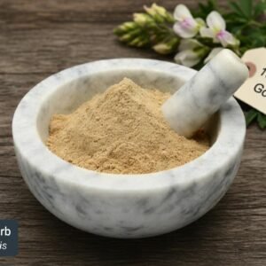 Goat's Rue dried herb in a mortar and pestle with Galega officinalis plant background - The Herb Peddler