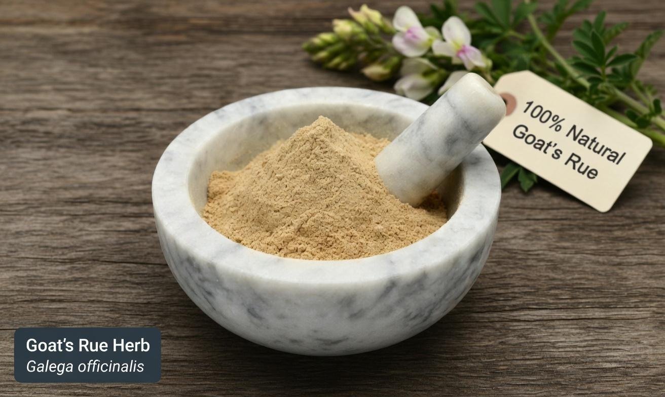 Goat's Rue dried herb in a mortar and pestle with Galega officinalis plant background - The Herb Peddler