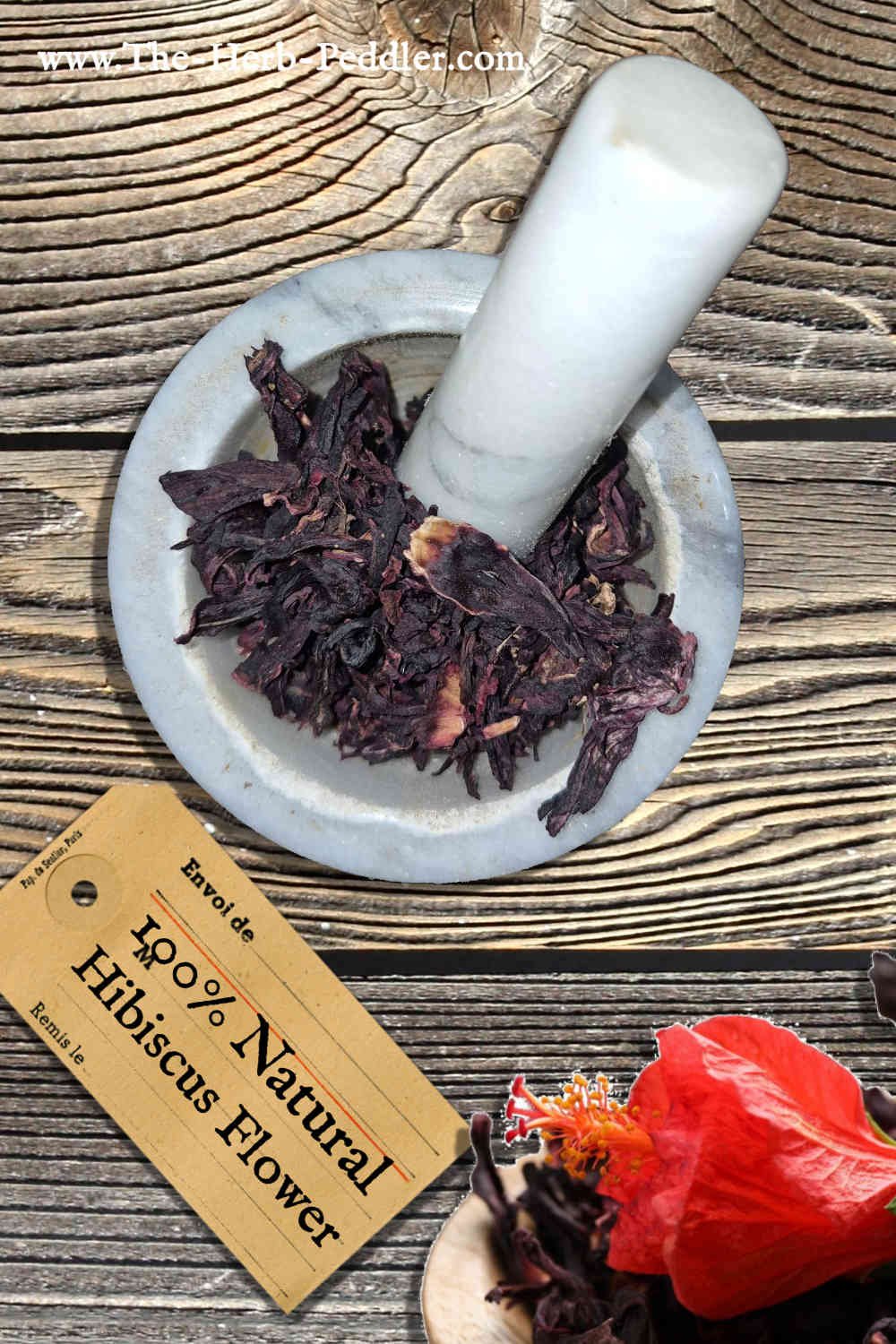 Hibiscus flowers whole in a mortar and pestle with Hibiscus sabdariffa plant - The Herb Peddler