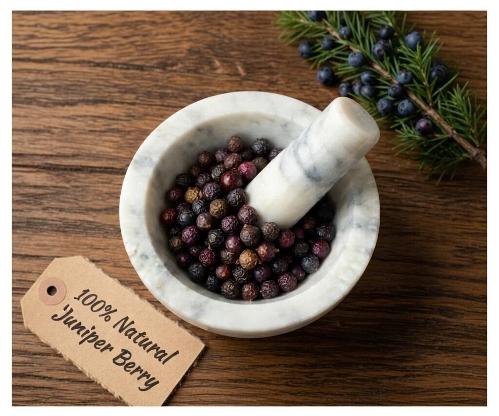 Juniper berries dried in a mortar and pestle with Juniperus communis branch background - The Herb Peddler
