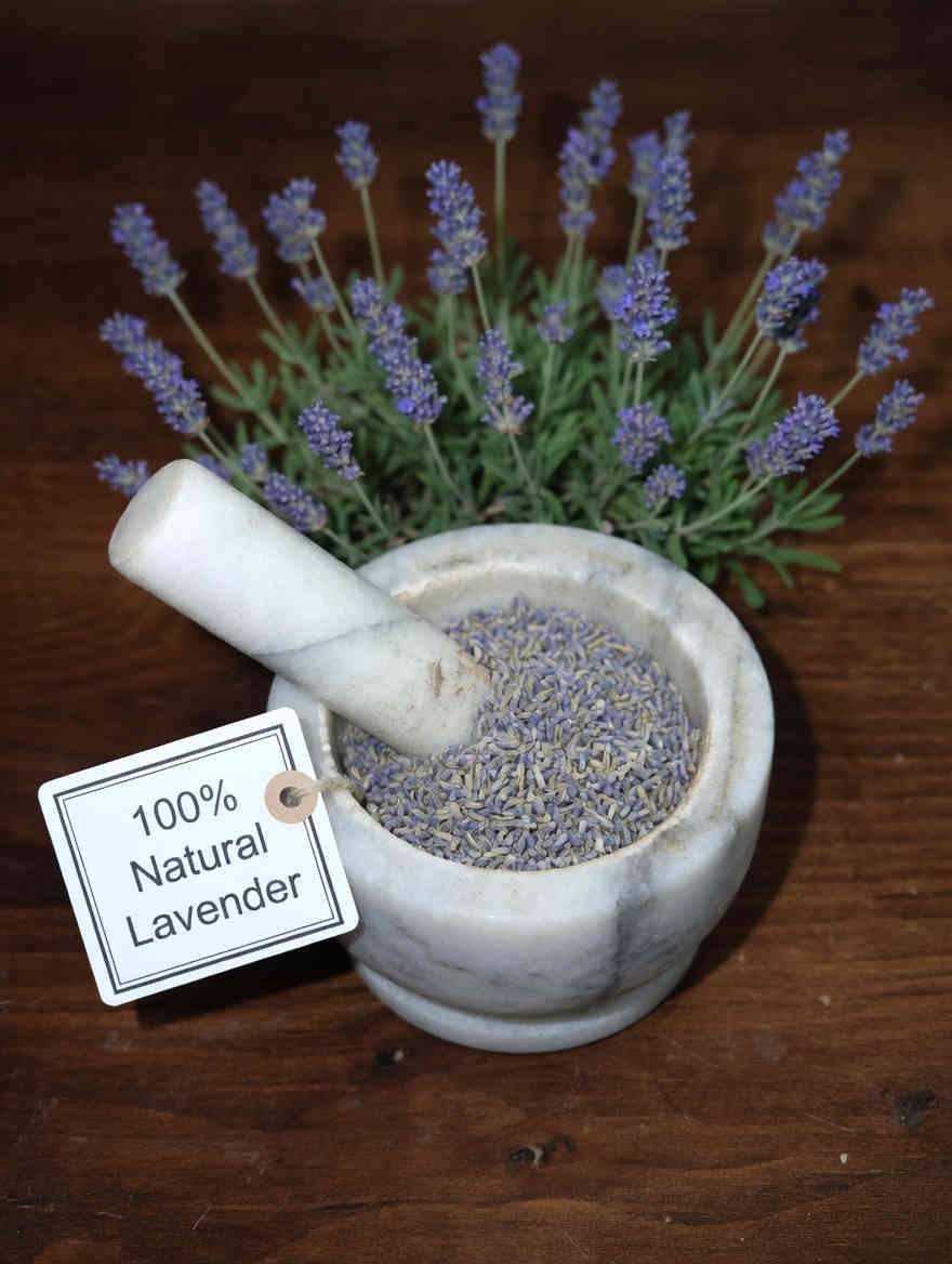Lavender dried herb (flowers) in a mortar and pestle with Lavandula angustifolia plant background - The Herb Peddler