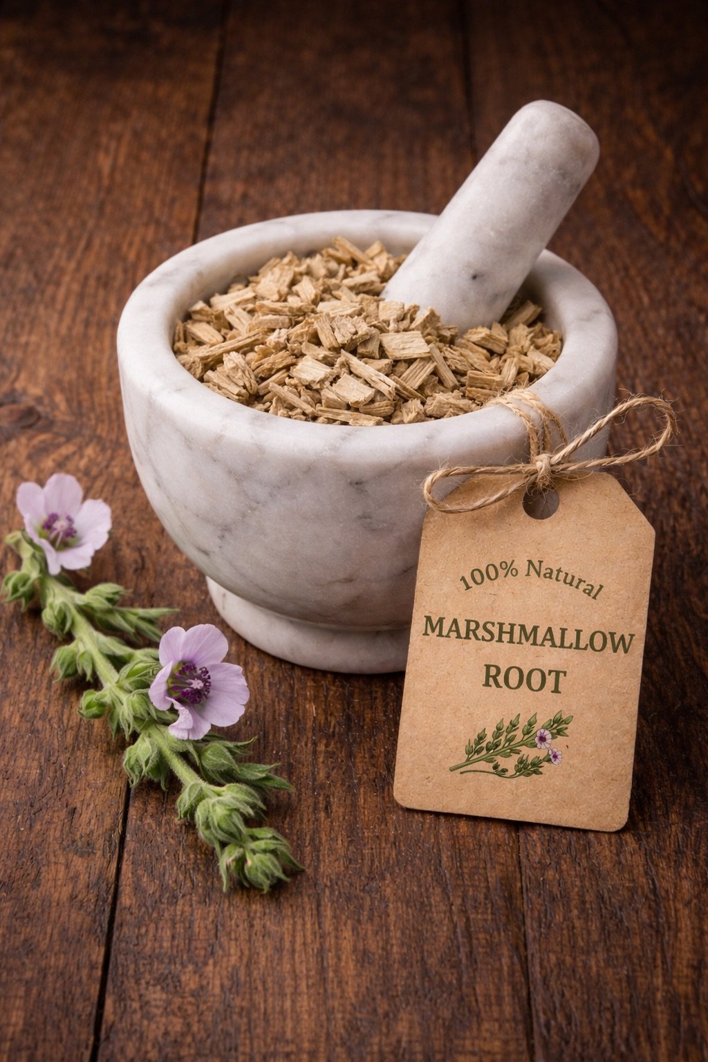 Marshmallow or marshmellow dried root in a mortar and pestle with Althaea officinalis plant background - The Herb Peddler