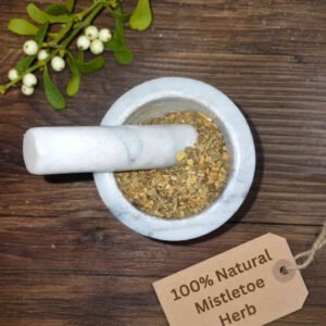 Mistletoe dried herb in a mortar and pestle with Viscum album plant background - The Herb Peddler