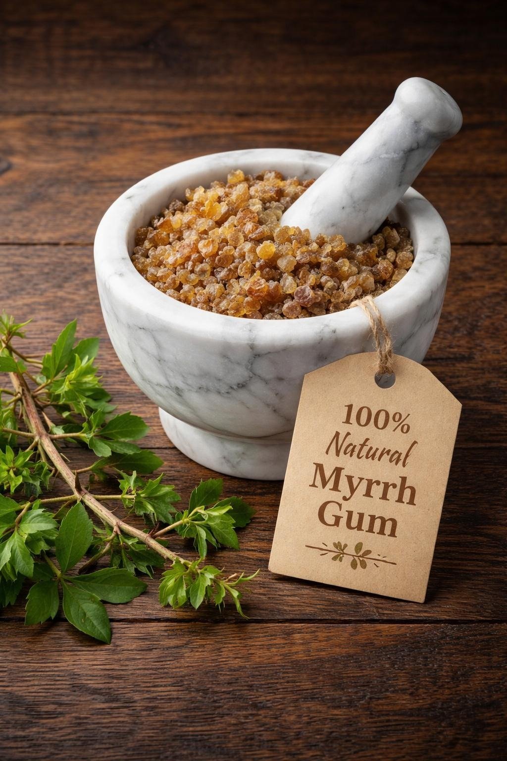 Myrrh gum resin in a mortar and pestle with Commiphora myrrha tree background - The Herb Peddler