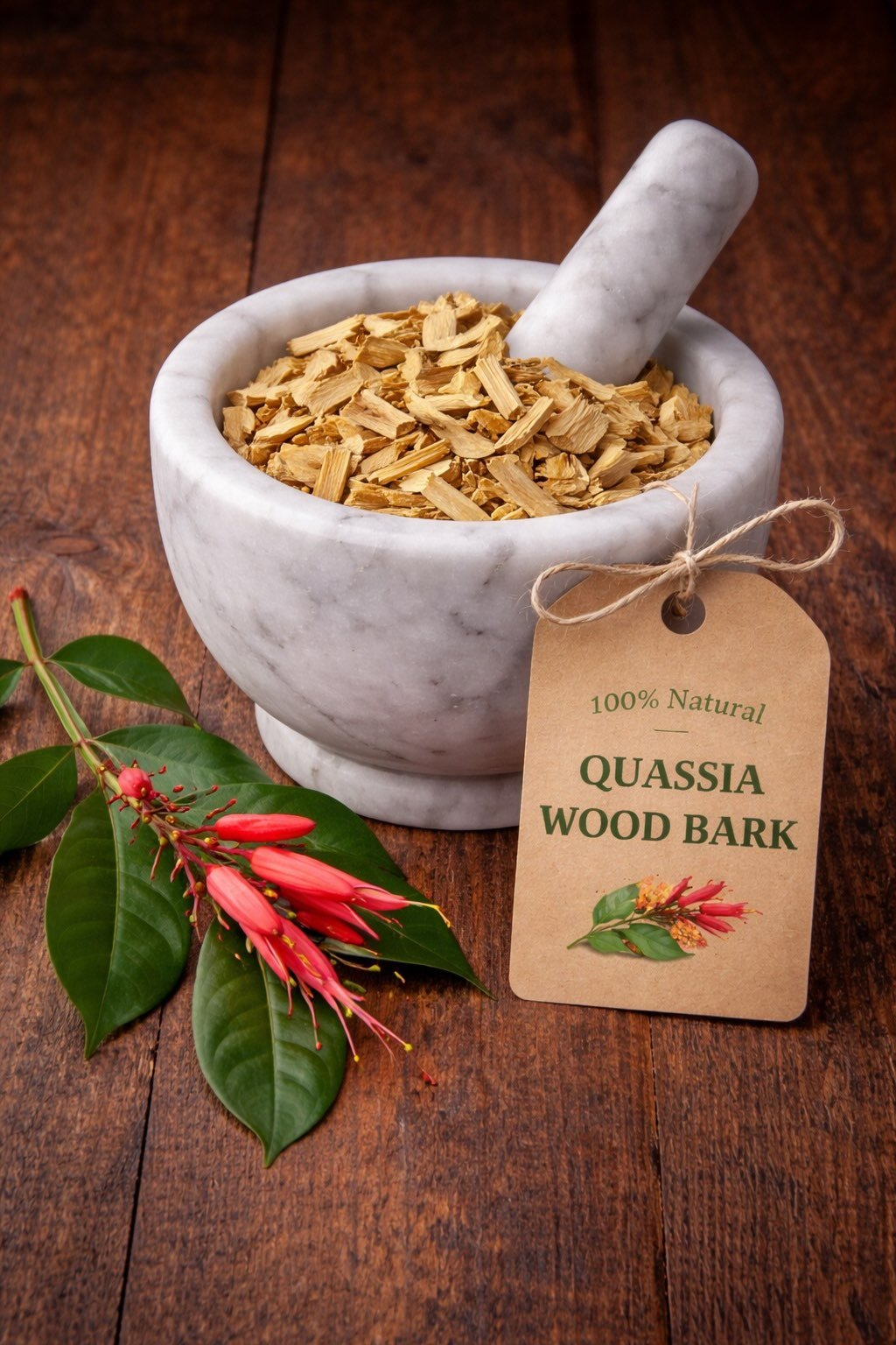 Quassia wood chips in a mortar and pestle with Quassia amara plant background - The Herb Peddler