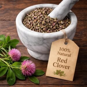 Red Clover dried flowers in a mortar and pestle with Trifolium pratense plant background - The Herb Peddler