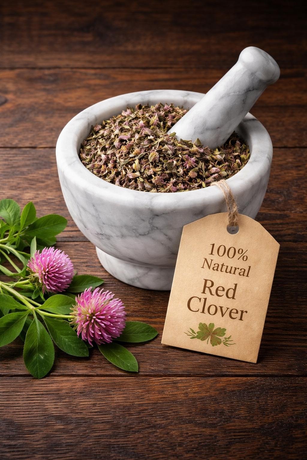 Red Clover dried flowers in a mortar and pestle with Trifolium pratense plant background - The Herb Peddler
