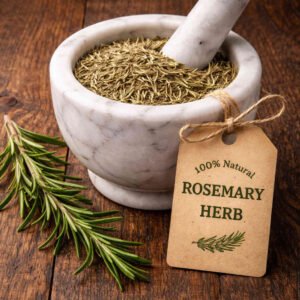 Rosemary dried herb in a mortar and pestle with Rosmarinus officinalis plant background - The Herb Peddler