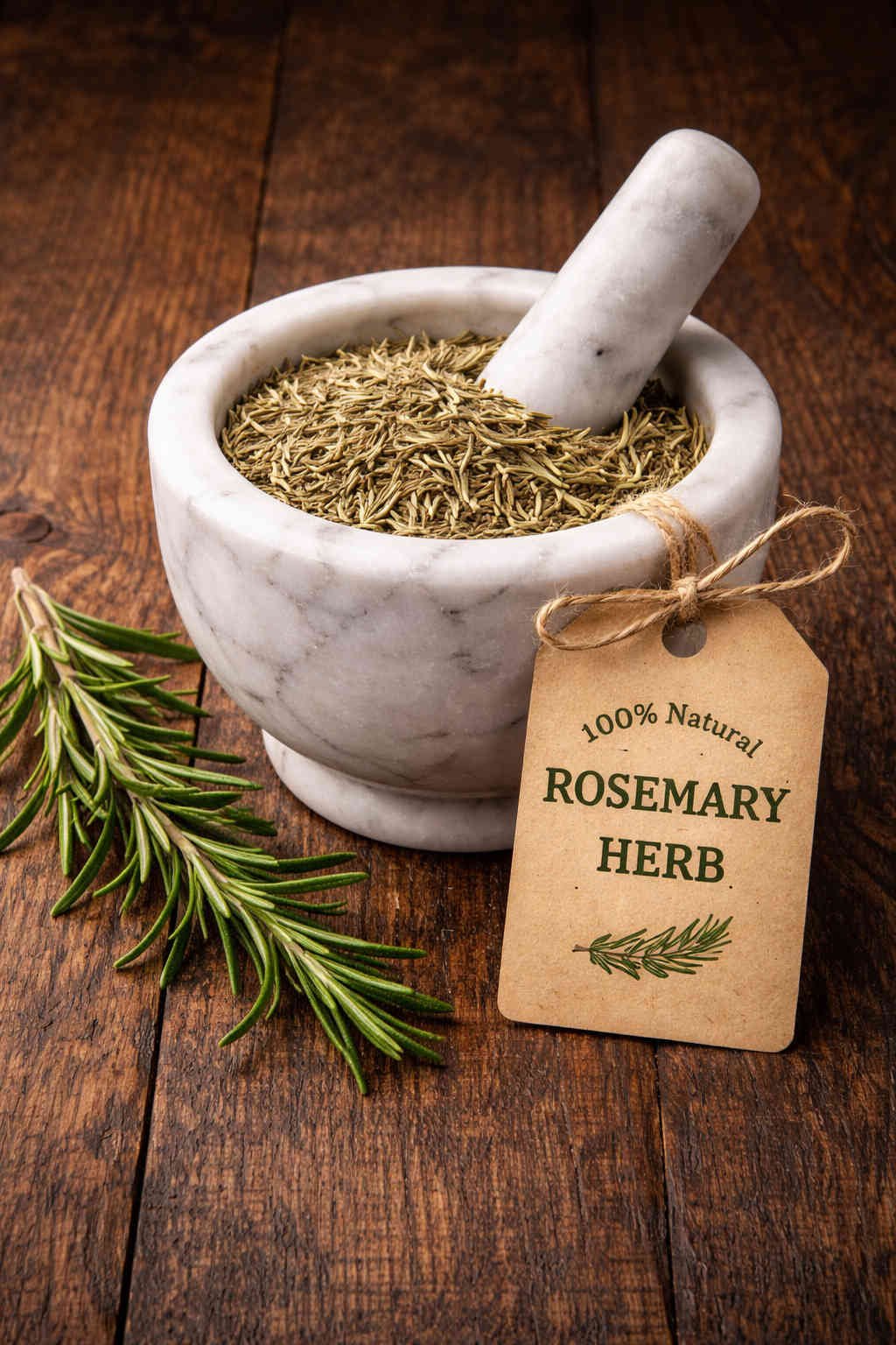 Rosemary dried herb in a mortar and pestle with Rosmarinus officinalis plant background - The Herb Peddler