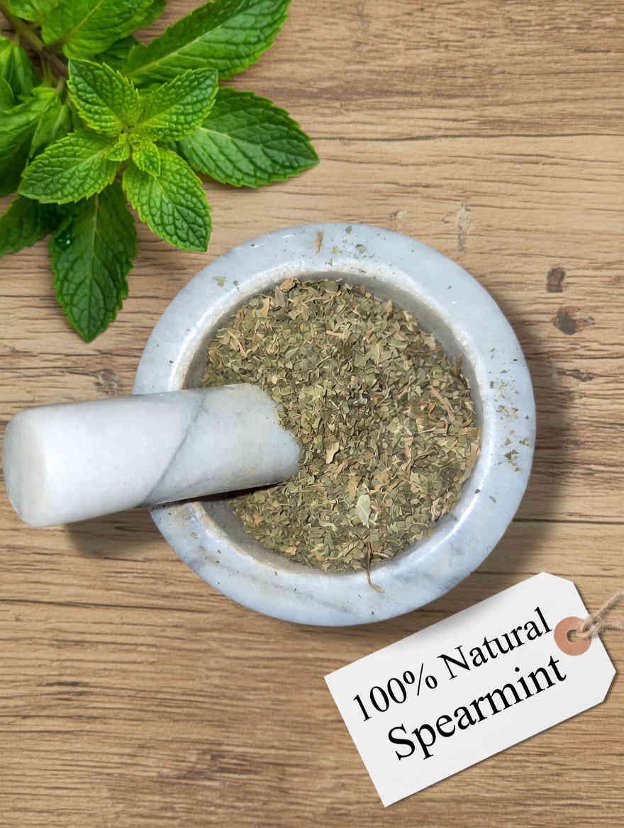 Spearmint dried herb in a mortar and pestle with Mentha spicata plant background - The Herb Peddler