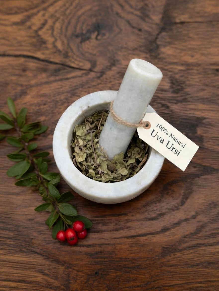 Uva Ursi leaves dried herb in a mortar and pestle with Arctostaphylos uva-ursi plant background - The Herb Peddler