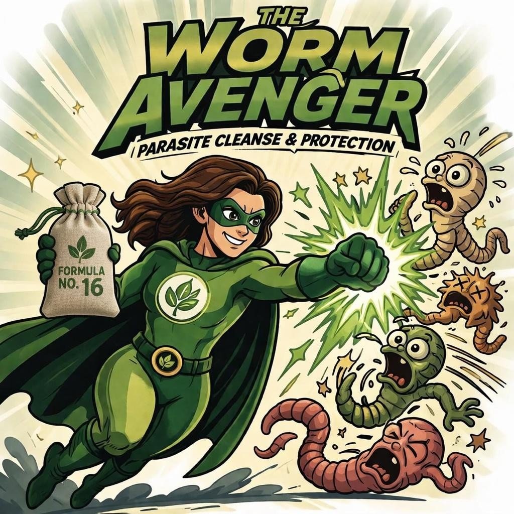 The Worm Avenger holding the apothecary herbal blend parasite formula number 16 - The Herb Peddler Appalachian Mountains of Virginia