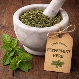 Peppermint dried herb in a mortar and pestle with Mentha piperita plant background - The Herb Peddler