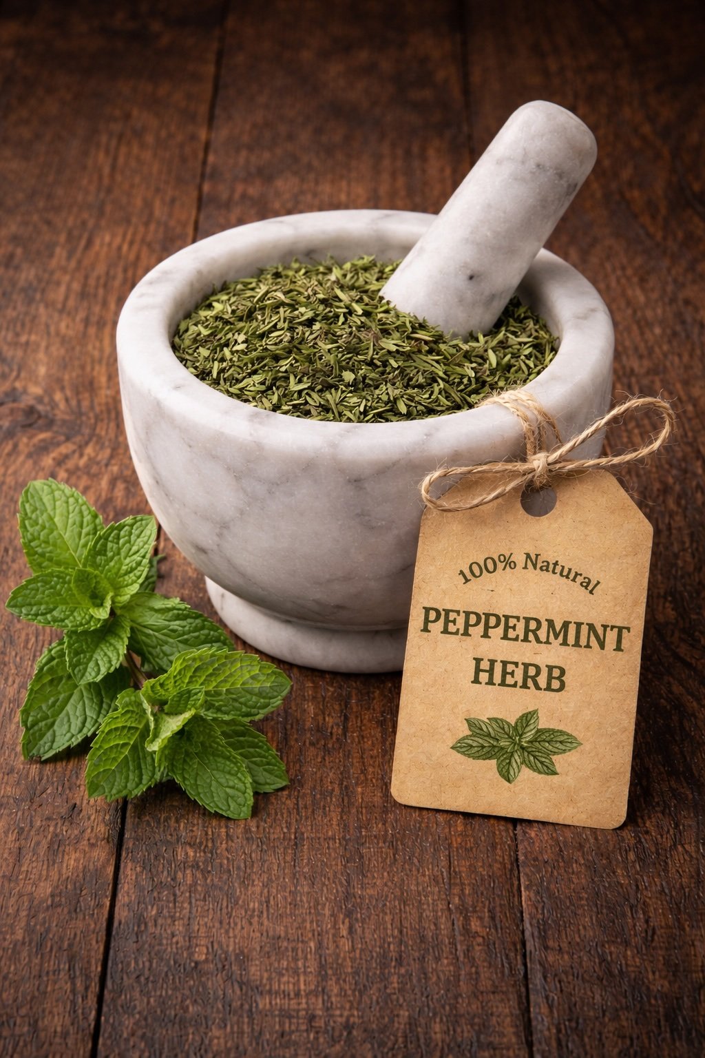 Peppermint dried herb in a mortar and pestle with Mentha piperita plant background - The Herb Peddler