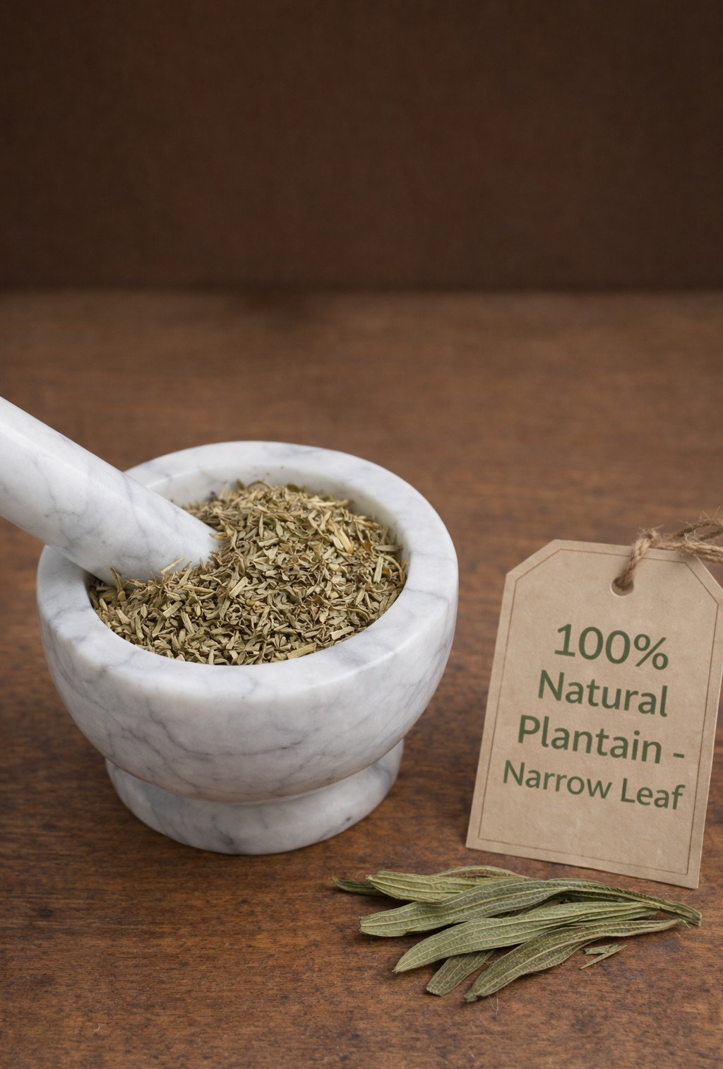 Narrow Leaf Plantain dried herb in a mortar and pestle with Plantago lanceolata plant background - The Herb Peddler