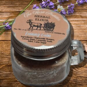 Master Herbalist formulated Evening Calm dry herbal elixir in a 2 oz. mini handled Mason jar with chamomile and lavender.