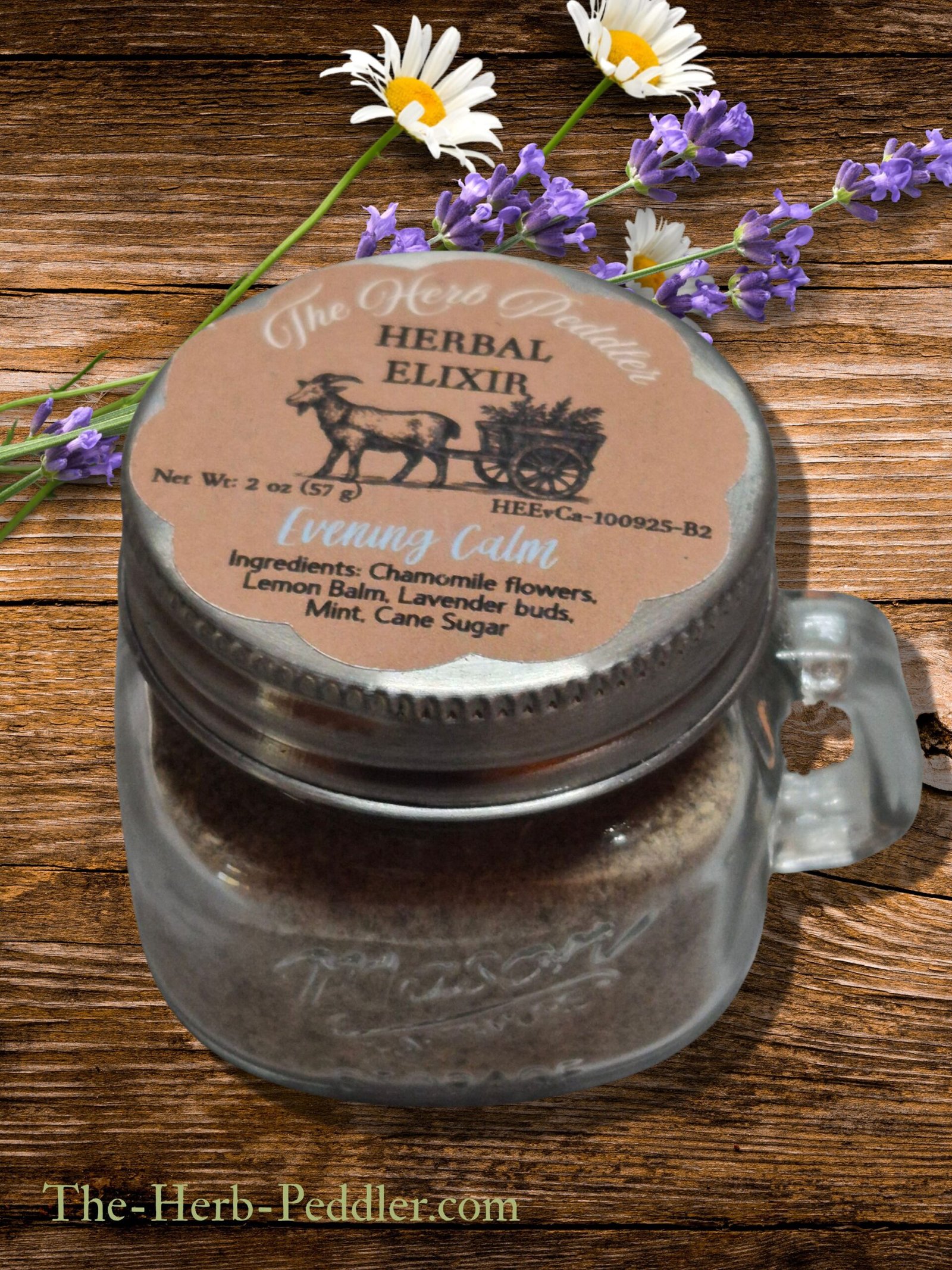 Master Herbalist formulated Evening Calm dry herbal elixir in a 2 oz. mini handled Mason jar with chamomile and lavender.