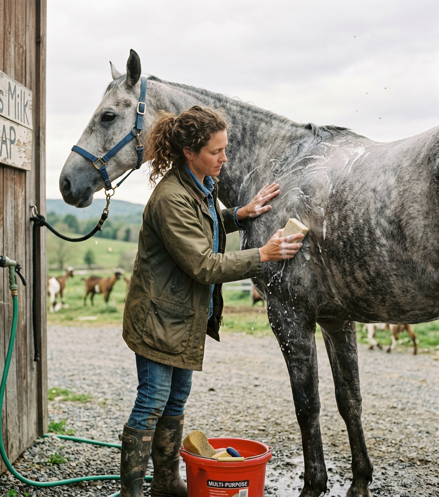 Woman washing a gray horse beside a barn with a bucket and hose